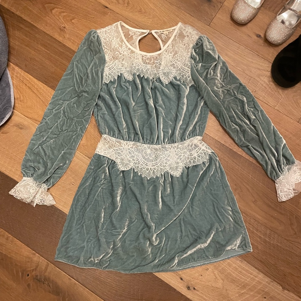 Blue velvet lace embellished dress